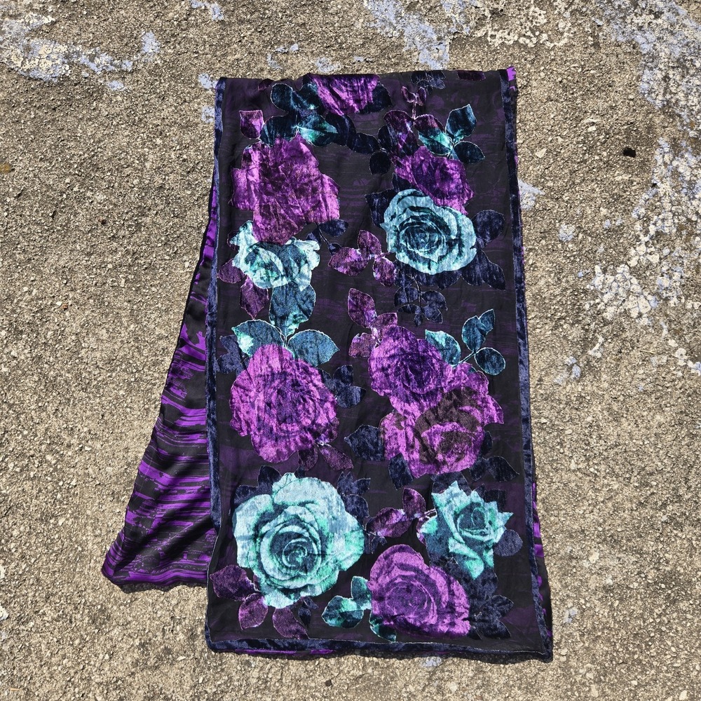 90s moody Floral velvet burnout satin scarf wrap shawl Whimsigoth Fairy 19×69